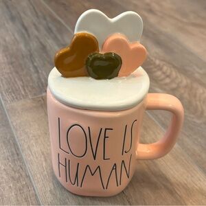Rae Dunn Love is Human Coffee or Tea Mug with Lid Topper and Heart Detail
